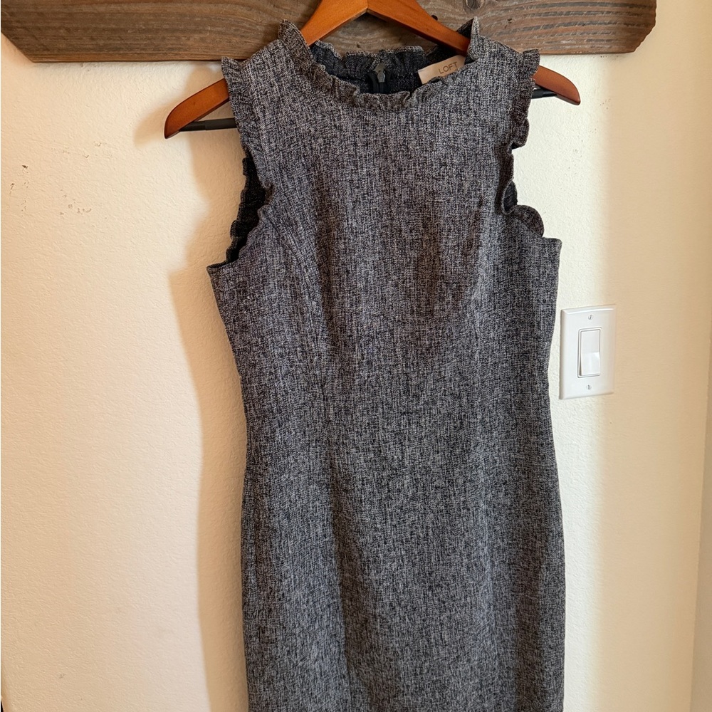 LOFT Gray Sleeveless Tweed Midi Dress with Ruffle Trim